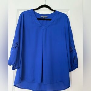 Brixon Ivy Women's Cobalt Blue V-Neck Blouse with Eyelet Sleeve